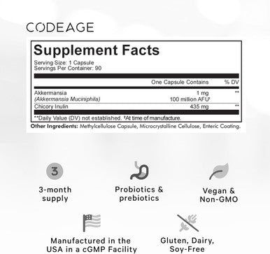 Codeage Akkermansia Muciniphila Probiotic Supplement - 3-Month Supply of Akkermansia Probiotic & Chicory Inulin - Daily Synbiotic Probiotic Chicory Root - 100 Million AFUs - Gluten- - 90 Capsules
