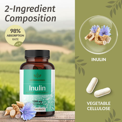 Herbamama Inulin Powder Capsules 1200Mg - Digestive Support & Gut Cleanse With Inulin Prebiotic Fiber - Vegan Non-Gmo Chicory Root Powder Supplement
