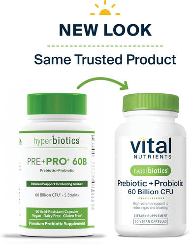 Hyperbiotics Prebiotic + Probiotic 60 Billion CFU (Prev. Pre+Pro 60B) | High-Potency Immune & Upper Respiratory Probiotic | Reduce Gas & Bloating | Shelf-Stable | Vegan | 30 Capsules