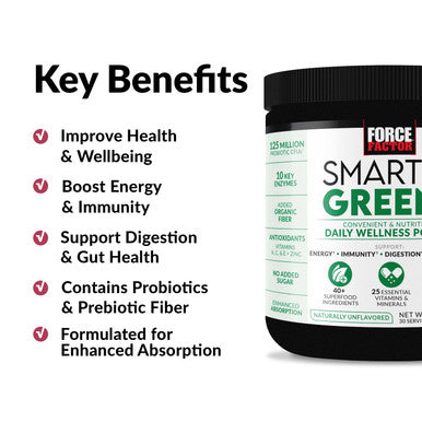 Force Factor Smarter Greens Daily Wellness Powder to Support Energy, Immunity & Digestion, Greens Powder, Superfood Powder with Vitamins, Minerals, and Probiotics,, ly Unflavored, 30 Servings