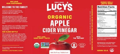 Lucy's Family Owned - USDA Organic NonGMO Raw Apple Cider Vinegar Unfiltered Unpasteurized With the Mother 34oz Glass Bottle