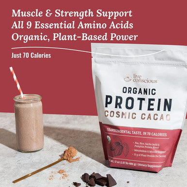 Live Conscious Organic Pea Protein Powder - Cosmic Cacao Chocolate Flavor | Low-carb Plant-Based Vegan Protein Blend - Pea, Brown Rice, Pumpkin, Sacha Inchi | 20 Servings, 17 oz