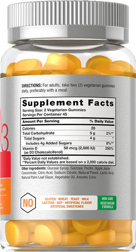 Vitamin D3 2000iu Gummies | 90 Count | Vegetarian, Non-GMO, and Gluten Free Vitamin D Supplement | 50 mcg | by Horbaach