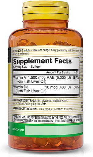 Mason Natural Vitamins A & D3 from Fish Liver Oil - Healthy Vision and Immune Health, Improved Muscle and Nerve Function, 100 Softgels (Pack of 3)