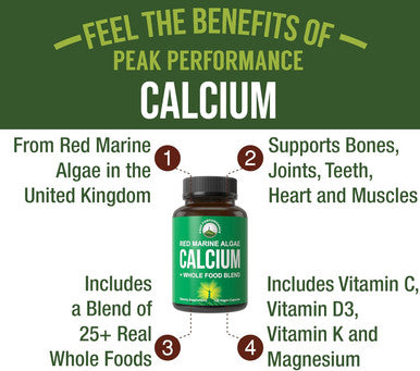 Plant Based Calcium - Red Marine Algae Calcium Supplement With Vitamin C, D3, K, Magnesium, And Whole Food Vegetable Blend. Vegan Capsules For Bones And Joints. 120 Calcium Pills, Tablets