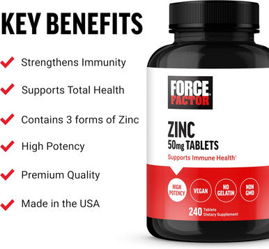 Force Factor Zinc 50mg Zinc Supplements with Zinc Oxide Powder Zinc Gluconate and Zinc Citrate for Immune Support and Immune Health High-Potency Vegan Gelatin Non-GMO 240 Tablets