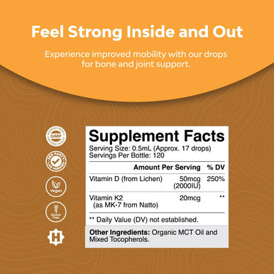 Natures Craft Liquid Vitamin D3 with K2 for Adults - Organic Vitamin D3 K2 Drops with 2000IU per Serving - Vegan Vitamin D3 Liquid Drops for Bone Muscle Heart & Immune Support with MCT Oil for Enhanced Absorption