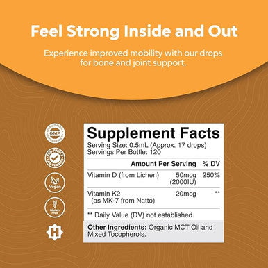 Vitamin D3 + K2 Liquid Drops with MCT Oil ÃƒÂ¢Ã¢â€šÂ¬Ã¢â‚¬Å“ 5000 IU Vitamin D3 & MK-7 K2 Supplement