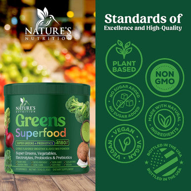 Nature'S Nutrition Greens Superfood Powder - Original Organic Greens Smoothie & Juice Mix Powder Antioxidants & Probiotics Spirulina Chlorella Beet Root Whole Foods Digestive & Energy Health Support - 28 Servings