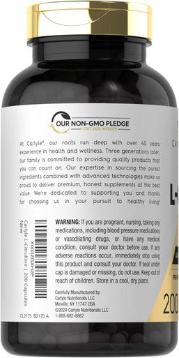 Carlyle L Citrulline Capsules 1600mg | 200 Count | Advanced Athlete Formula Non-GMO Gluten Supplement