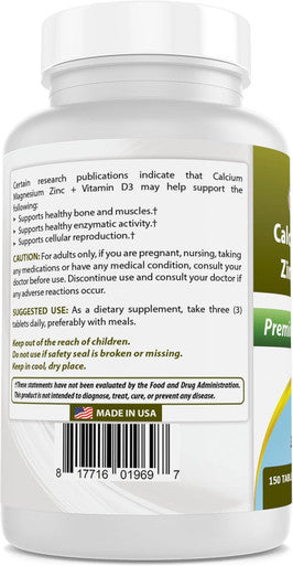 Best Naturals Calcium Magnesium Zinc with Vitamin D3 150 Tablets - Calcium 1000 mg Magnesium 400 mg Zinc 25 mg & D3 600 IU per Serving (3 Tablets)