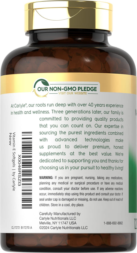 Carlyle Vitamin E 1000 IU Softgels with Mixed Tocopherols 120 Pills Naturally Sourced Supplement NonGMO and Gluten Free Formula