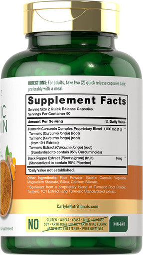 Carlyle Turmeric Curcumin With Black Pepper 1000Mg | 180 Capsules | Turmeric Complex Supplement | Non-Gmo, Gluten Free