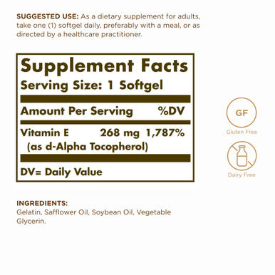 Solgar Vitamin E 268 Mg (400 Iu) 100 Softgels Naturally-Sourced Vitamin E As D-Alpha Tocopherol - Gluten Free Dairy Free - 100 Servings