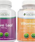 Purely Holistic Olive Leaf Extract 750Mg + Vitamin C 1000Mg 2 Stage Release Bundle - 485 Vegan Capsules - Made In The Usa