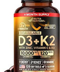 Vitamin D3 K2 Vitamin D3 10000 Iu and K2 120 Mcg Immune and Mood Support For Bone and Teeth Health With Zinc Vitamin C and B12 Highly Bioavailable For Men and Women Made In Usa 120 Softgels