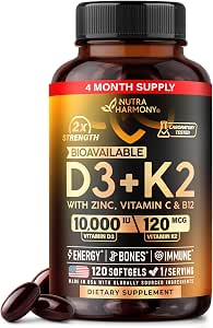 Vitamin D3 K2 Vitamin D3 10000 Iu and K2 120 Mcg Immune and Mood Support For Bone and Teeth Health With Zinc Vitamin C and B12 Highly Bioavailable For Men and Women Made In Usa 120 Softgels