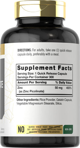 Zinc Picolinate 50Mg | 300 Capsules | Value Size | Non-Gmo And Gluten Free Supplement | By Carlyle