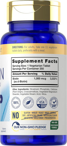 Carlyle Biotin 1000mcg | 250 Vegetarian Tablets | Beauty Formula Supplement | Non-GMO Gluten