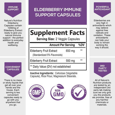 Sambucus Black Elderberry Immune Support - 100% Black Elderberry Fruit Extract - Non-GMO, Gluten Free, Natural Vegan, Sambucus Extract, Antioxidant, Nature's Non-GMO Supplement - 60 Capsules