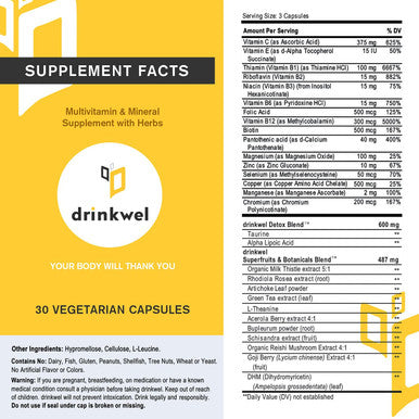Drinkwel Better Mornings - Premium Multivitamin Supplement - Liver Cleanse, Detox, Immune Support- Milk Thistle, Vitamin C, Zinc, Magnesium - 30 Count