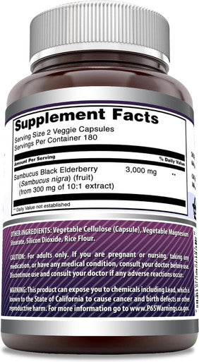 Amazing Nutrition Formulas Sambucus Black Elderberry Supplement | 3000 Mg Per Serving | 360 Veggie Capsules Supplement | Non-GMO | Gluten | Made in USA