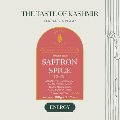 Luxmi Estates Saffron Chai | 100 gm | Signature India collection | Assam CTC Tea | Black tea collection | Saffron chai Organic Strong tea | Antioxidants | Assam Valley tea | Kashmiri Saffron Cinnamon Natural Cardamom Extract