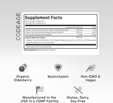 Codeage Elderberry Vitamins - Organic Fermented Elderberry Blend Vitamin C from Ascorbic Acid & Organic Acerola Cherries Vitamin D3 Zinc Elderberry Fruit Pills Sambucus Berries - 90 Capsules