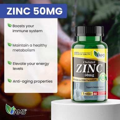 America Medic and Science Chelated Zinc 50 Mg Supplements (1 Pack Of 60 Tablets) Immune Booster And Powerful Antioxidant Pills For Adults Men And Women Highly Absorbable Mineral, Improves Mood and Sleep