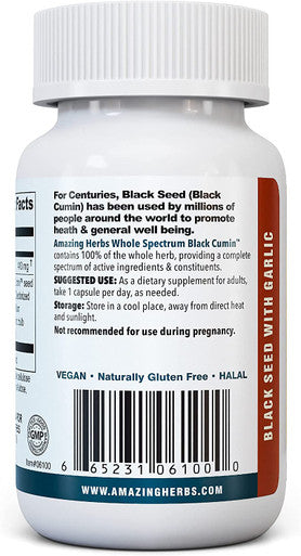 Amazing Herbs Whole Spectrum Black Seed & High Potency Garlic, Vegetarian Capsules - 100 Count