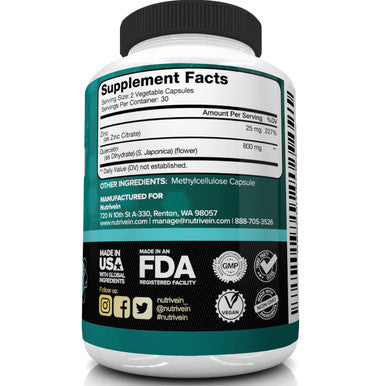 Nutrivein Quercetin 800mg with Zinc - Plant Pigment Flavonoid - Immune System Booster - 30 Day Supply (60 Capsules, 2 Daily)