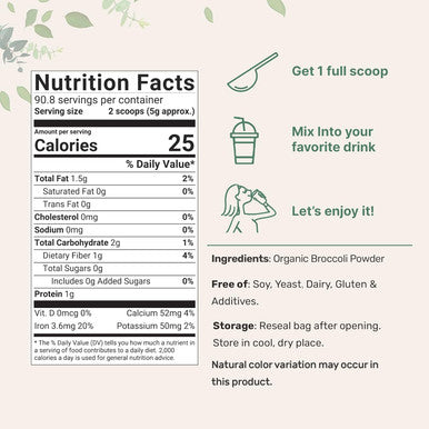 Micro Ingredients Organic Broccoli Powder 1 Pound ze Dried Contains Natural DIM (Diindolylmethane) and Rich in Fiber and Immune Vitamin C Green Superfood for Smoothie & Drinks Vegan Friendly