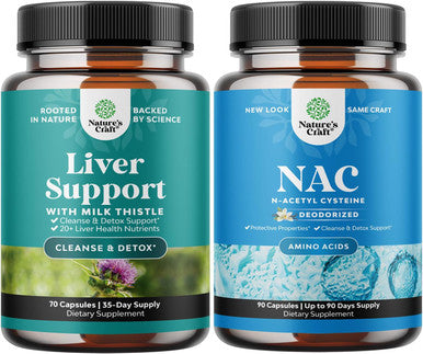 Natures Craft Bundle of Liver Cleanse Detox & Repair Formula and NAC Supplement N-Acetyl Cysteine 600mg - Herbal Liver Support Supplement with Milk Thistle - High Absorption NAC 600 mg Capsules Glutathione