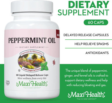 Maxi Health - Peppermint Oil with Ginger & Fennel Delayed Release Capsules - Digestion & Absorption Ingestible Dietary Supplement with Natural Essential Oil Ingredients - Digestive Health Support
