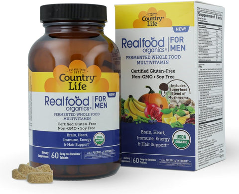 Country Life Realfood Organics for Men Multivitamin 60 Tablets 30 servings with 1300mg organic food blend 7mushroom superfood and innerfillet aloe for brain heart and energy support