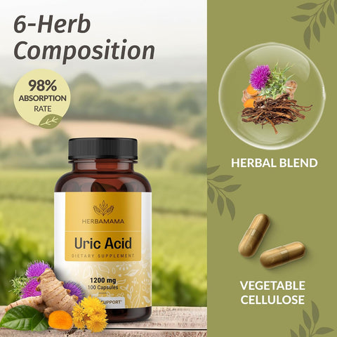 Herbamama Uric Acid Cleanse Capsules - 1200Mg Uric Acid Support Formula With Tart Cherry Milk Thistle & Celery Root - Vegan Non-Gmo Supplement
