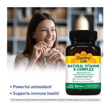 Country Life Natural Vitamin E-Complex 268Mg (400 Iu) With Mixed Tocopherols 90 Softgels Certified Gluten Free