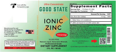 Good State Natural Ionic Zinc Liquid Concentrate Nano Sized Mineral Technology Professional Grade Dietary Supplement 1.6 Fl Oz Glass Bottle (50 Ml)