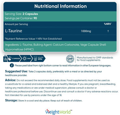 Weightworld L Taurine 1000mg Capsules - 180 High Strength Taurine Capsules (3 Months Supply) - Vegan Amino Acid Taurine Supplement for Overall Health - Pre-Workout Supplement for Men & Women