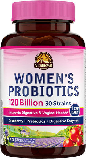 Vitalitown Probiotics for Women 120 Billion CFUs 30 Strains with Prebiotics & Digestive Enzymes & Cranberry Gut & Vaginal Health Delayed Release Caps