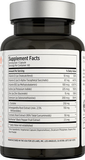 LES Labs Thyroid Support Metabolic Health Thyroid Hormone Production Energy Focus Iodine LTyrosine Ashwagandha Selenium Turmeric 60 Capsules