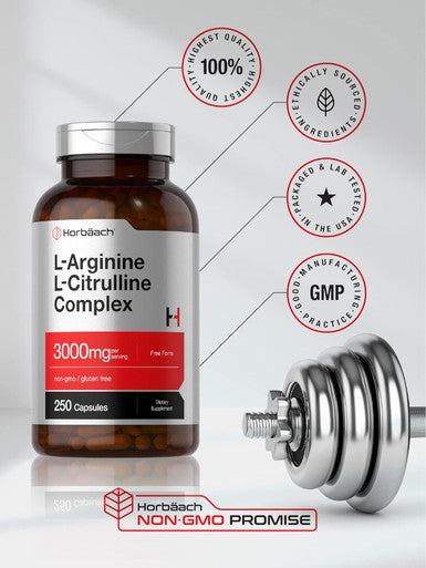 HorbAach L Arginine L Citrulline Complex 3000Mg 250 Capsules Non Gmo Gluten Supplement
