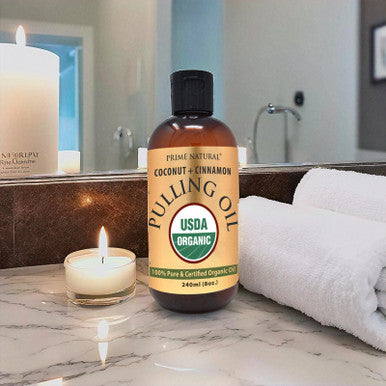 PRIME NATURAL Oil Pulling With Organic Coconut & Organic Cinnamon Bark Oil 8Oz - Natural Oral Care & Teeth Whitening - Alcohol Free Mouthwash Freshens Breath, Healthier Teeth & Gums