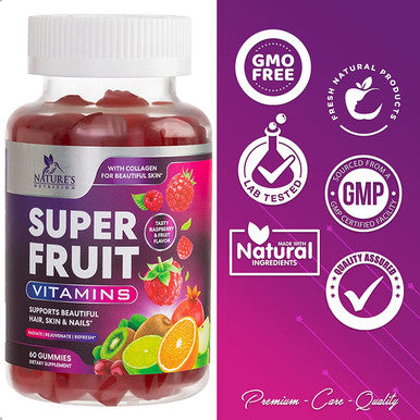 SuperFruit Beauty Vitamins Gummies with Collagen and Biotin, 10 Superfruits for Stronger, Beautiful Hair, Skin & Nails, Superfood Reds Super Fruit Gummy, Tasty Raspberry Flavor, Non-GMO - 60 Gummies