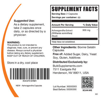 BulkSupplements Ashwagan Root Extract Capsules - Herbal Supplement, Ashwagan Capsules - - 2 Capsules - 2-Month Supply (120 Capsules)