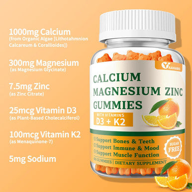 (2 Pack) Calcium Magnesium Zinc Gummies With Vitamin D3 & K2 - Sugar Calcium Gummies For Women And Men - Bone & Immune Support - Non-Gmo, Gluten-Free, Orange Flavored - 120 Count