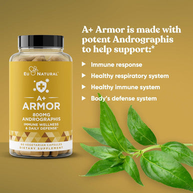 Eu Natural A+ Armor Andrographis Pure 800 Mg Healthy Immune System Function Physical Wellness Potent Strength for Seasonal Protection Full-Spectrum & Standardized 60 Vegan Soft Capsules