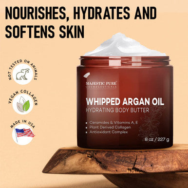 MAJESTIC PURE Whipped Argan Oil Body Butter for Women & Men - With Ceramides, Vitamin E & A & Vegan Collagen - Whipped Body Butter Argan Oil For Skin, Face, & Appearance of Wrinkles & Fine Lines - 8oz