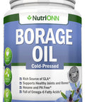 NutriONN Borage Oil - 1000 mg - 180 Softgels - Cold Pressed High GLA Borage Seed Oil - Hexane and PA Free - Great for Skin, Hair, Joints and Bones.