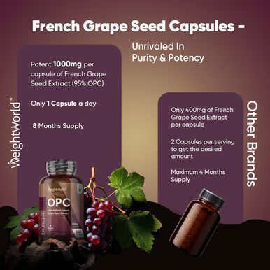 Weightworld Grape Seed Extract Capsules 1000mg (High-Strength) | 240 Vegan Capsules (8 Months Supply) | 95% OPC (Oligomeric Proanthocyanidins) | 1000mg French Grapeseed Extract | Polyphenols Supplement